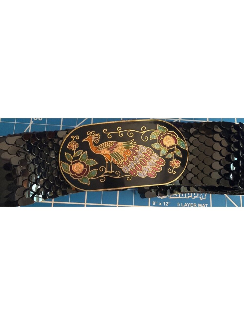Vintage 80s Black Scaled Elastic Belt Cloisonne Peacock Buckle Adjustable Estate